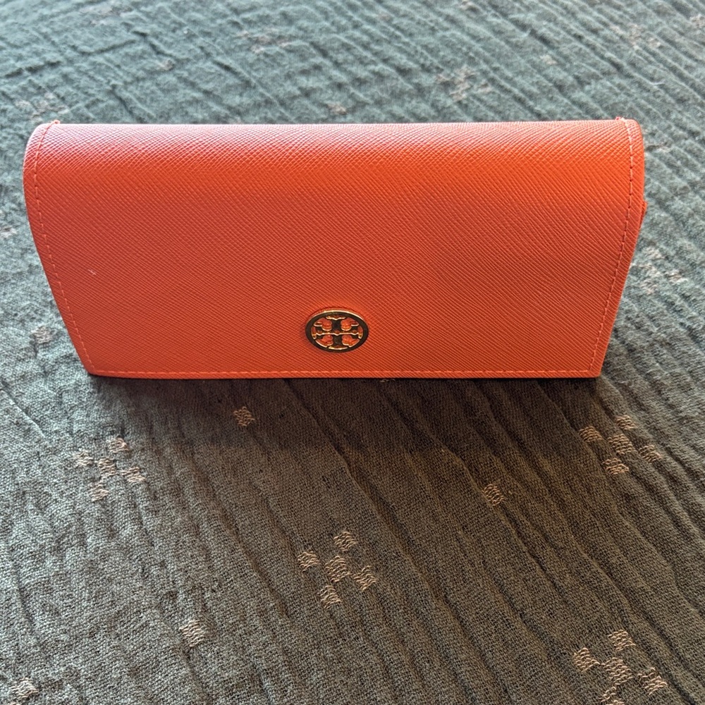 Tory Burch Coral-Orange Saffiano Leather Sunglasses Case with Logo